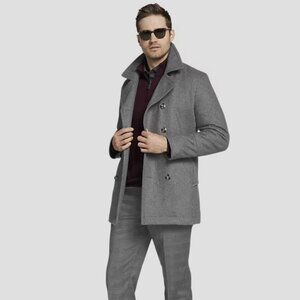 NEW Joseph Abboud Light Gray Wool Pea Coat with Wide Lapel Peacoat Jacket Large